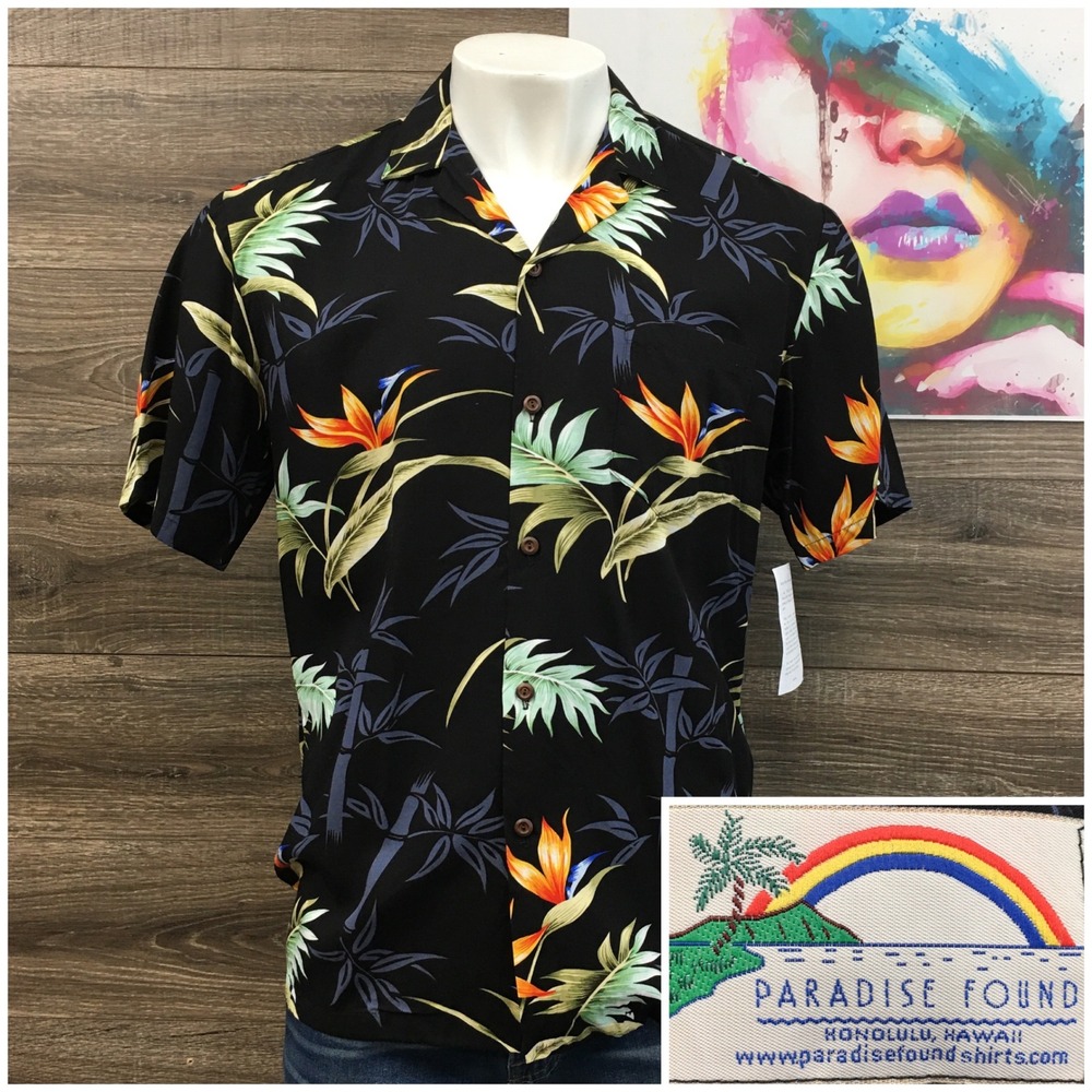 NEW! Paradise Found Men Aloha Shirt Black Bird of Paradise Floral Rayon Hawaii M